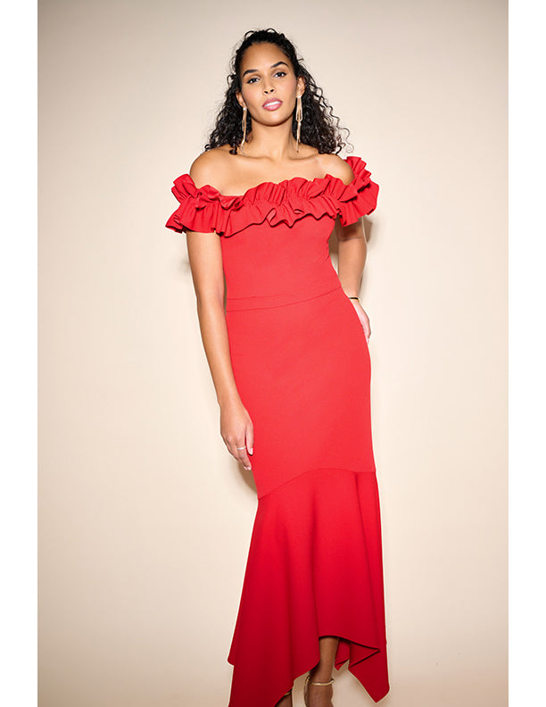 Joseph Ribkoff Off-The-Shoulder Ruffle Gown