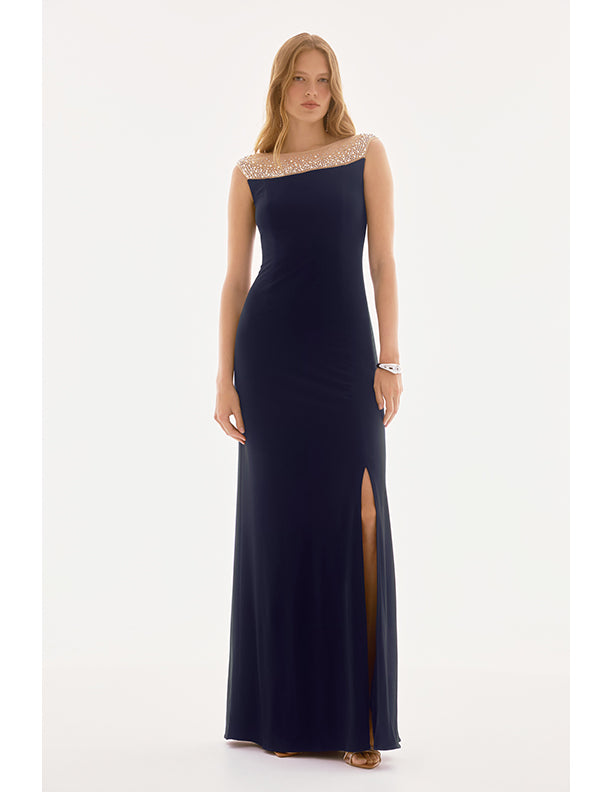 Joseph Ribkoff Signature | Silky knit and Mesh Sleeveless Gown