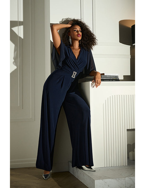 Joseph Ribkoff Signature | Silky Knit & Chiffon Wide Leg Jumpsuit with Cape