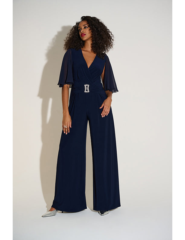Joseph Ribkoff Signature | Silky Knit & Chiffon Wide Leg Jumpsuit with Cape
