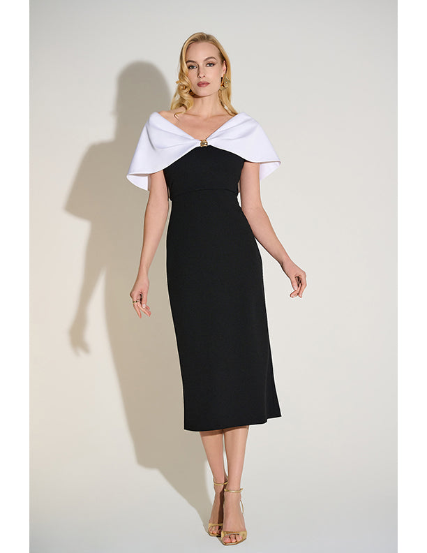 Joseph Ribkoff Signature | Scuba Crepe & Satin Off-Shoulder Sheath Dress