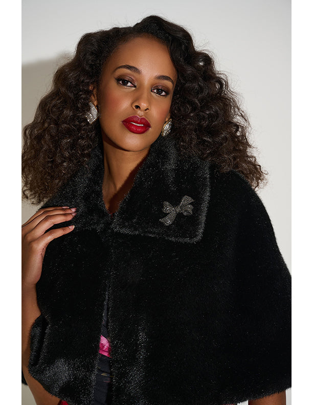 Joseph Ribkoff Signature | Faux Fur Cape with Crystal Brooch