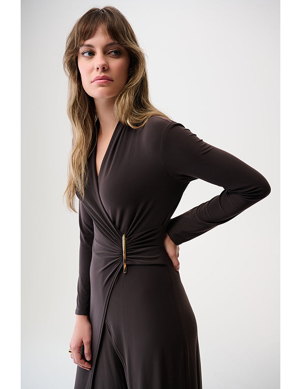 Joseph Ribkoff Silky Knit Wide Leg Wrap Jumpsuit with Ornament Detail