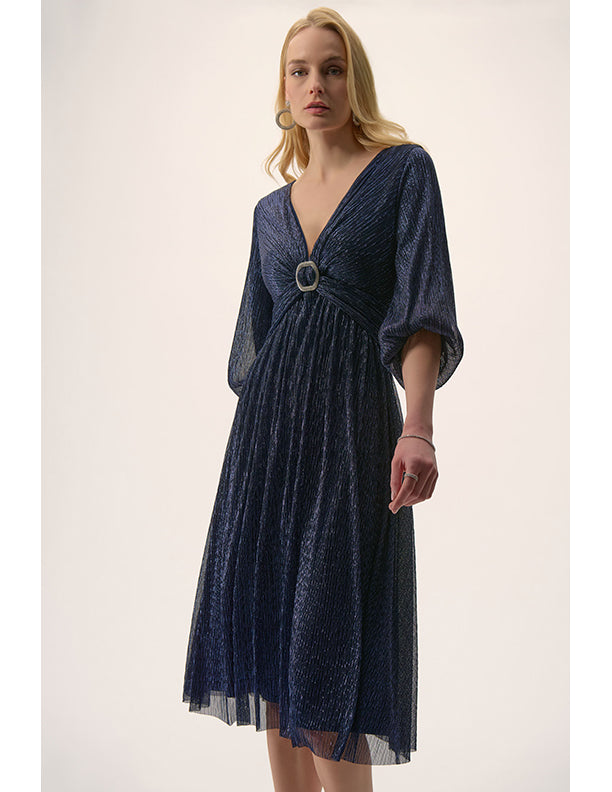 Joseph Ribkoff Signature | Sparkle Mesh Plissé Fit and Flare Midi Dress