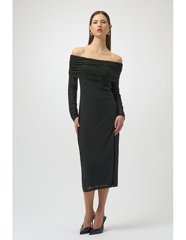 Joseph Ribkoff Rhinestone Mesh Off-Shoulder Midi Dress