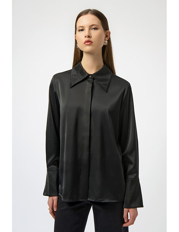 Joseph Ribkoff Satin Button-Front Blouse with Embellished Collar