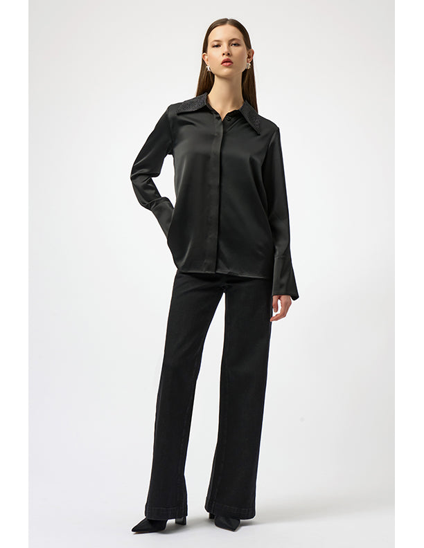 Joseph Ribkoff Satin Button-Front Blouse with Embellished Collar