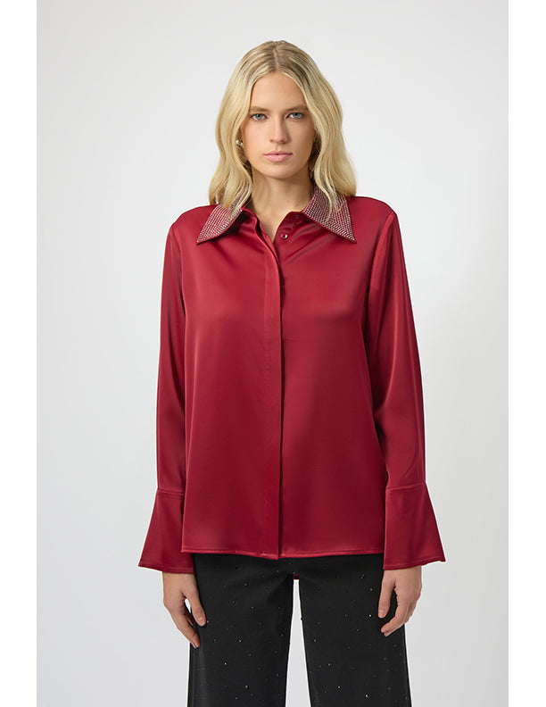 Joseph Ribkoff Satin Button-Front Blouse with Embellished Collar