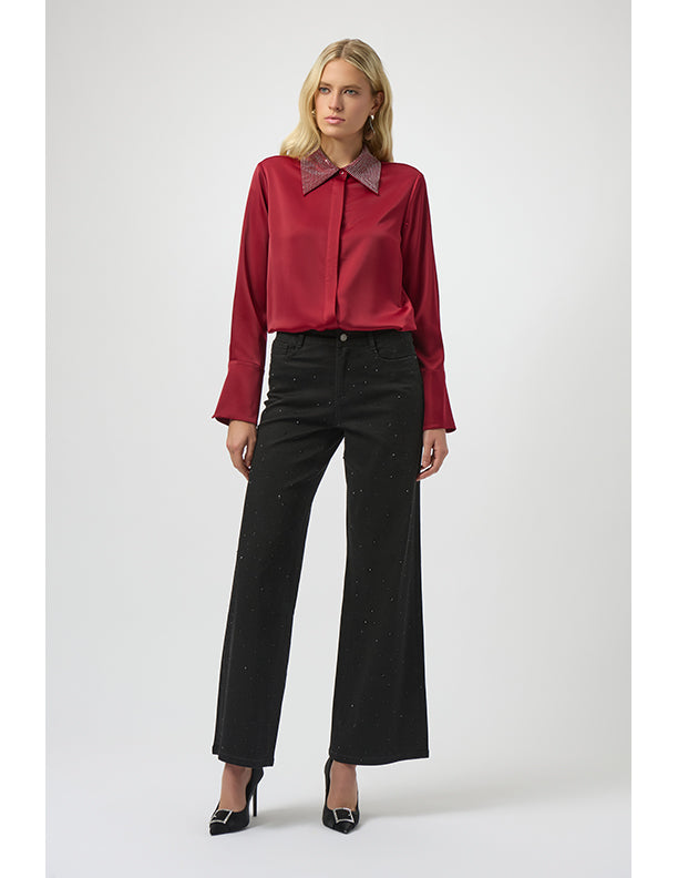 Joseph Ribkoff Satin Button-Front Blouse with Embellished Collar