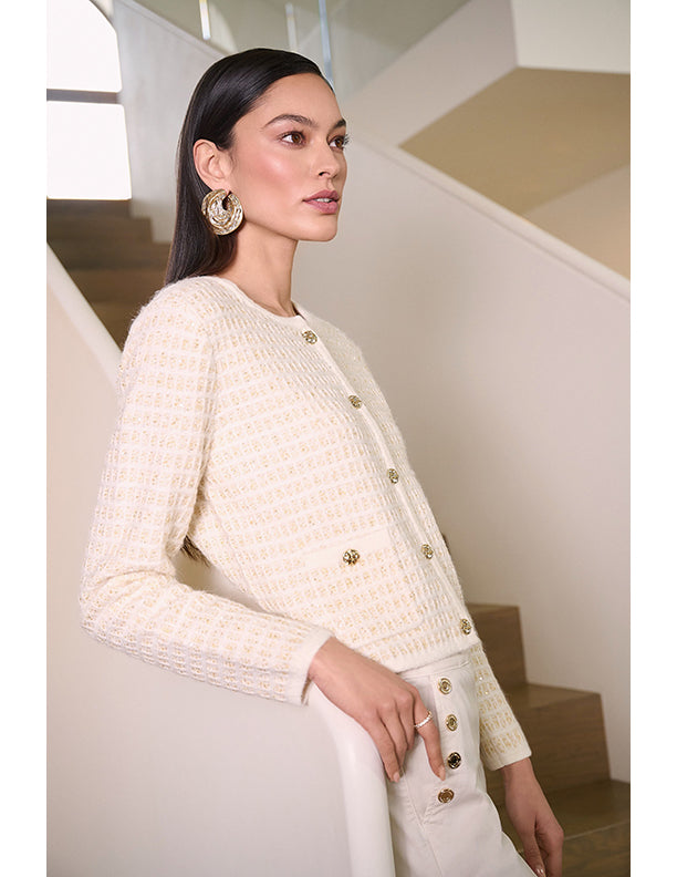 Joseph Ribkoff Sequined Sweater Knit Cardigan with Gold Buttons