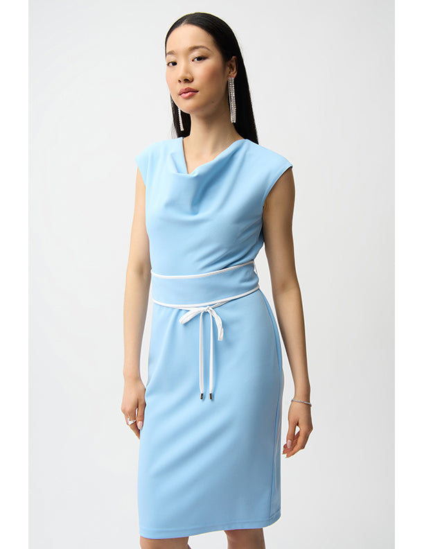 Joseph Ribkoff Scuba Crepe Sheath Dress With Cowl Neck and Belted Waist