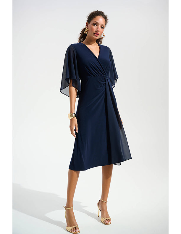 Joseph Ribkoff Signature | Silky Knit Fit and Flare Dress With Chiffon Draped Sash