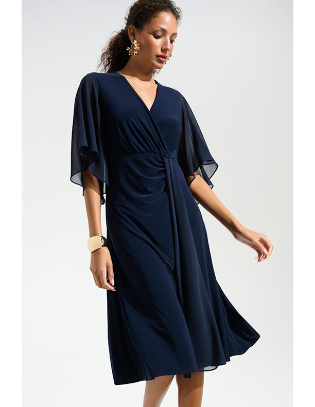Joseph Ribkoff Signature | Silky Knit Fit and Flare Dress With Chiffon Draped Sash