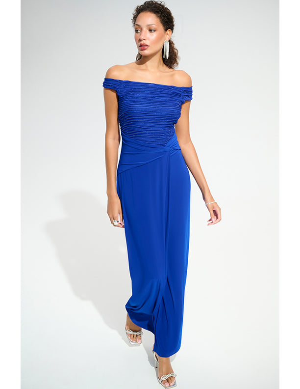 Joseph Ribkoff Signature | Silky Knit And Cascade Off-Shoulder Sheath Gown