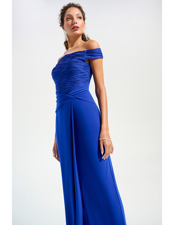Joseph Ribkoff Signature | Silky Knit And Cascade Off-Shoulder Sheath Gown