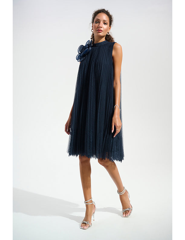 Joseph Ribkoff Signature | Mesh And Lace A-Line Dress With Organza Flower Detail
