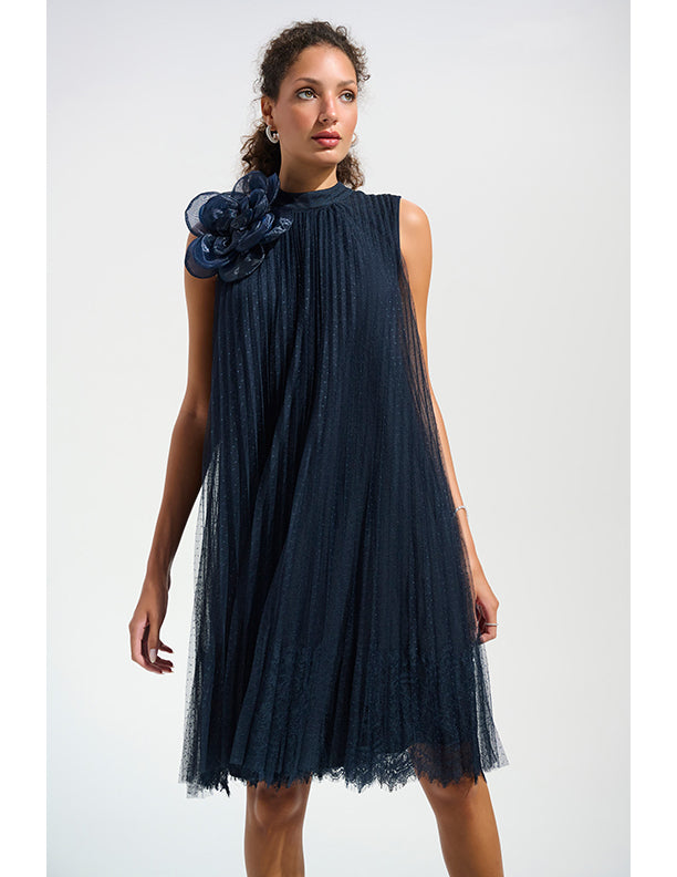 Joseph Ribkoff Signature | Mesh And Lace A-Line Dress With Organza Flower Detail