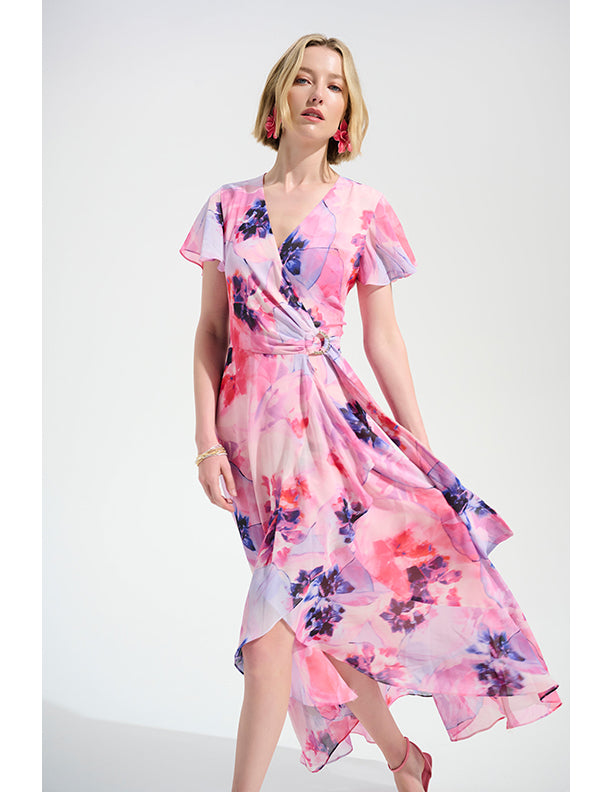 Joseph Ribkoff Signature | Chiffon Print Wrap Dress With Ruffle Detail