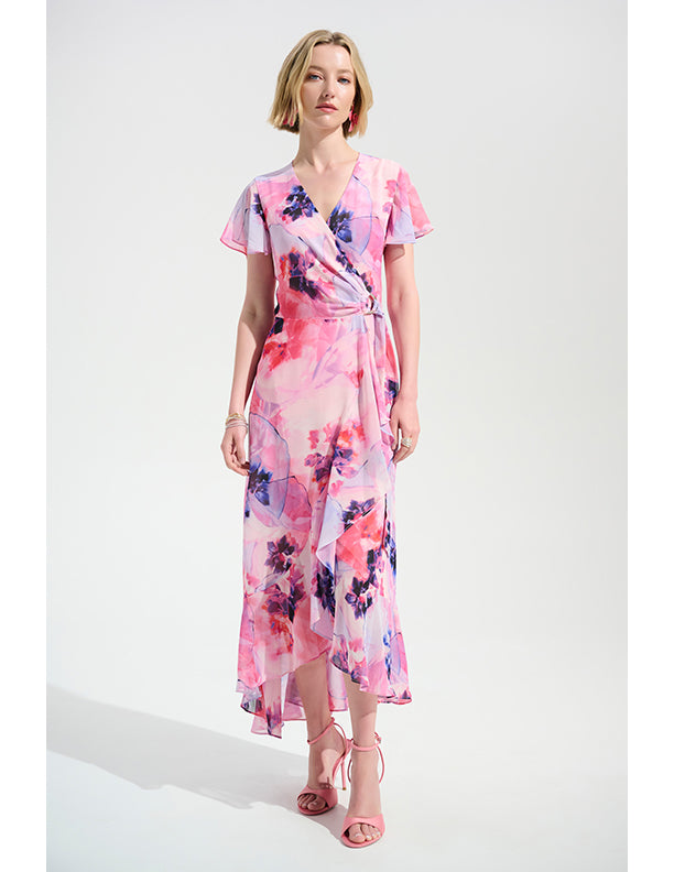 Joseph Ribkoff Signature | Chiffon Print Wrap Dress With Ruffle Detail