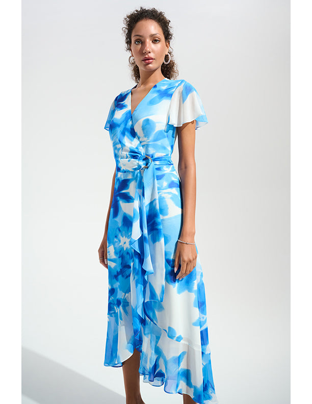 Joseph Ribkoff Signature | Chiffon Print Wrap Dress With Ruffle Detail