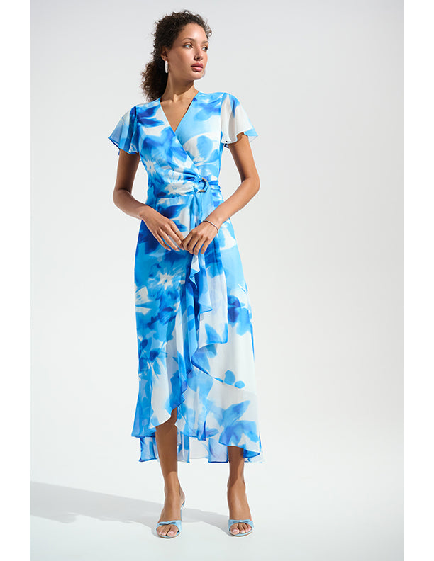 Joseph Ribkoff Signature | Chiffon Print Wrap Dress With Ruffle Detail