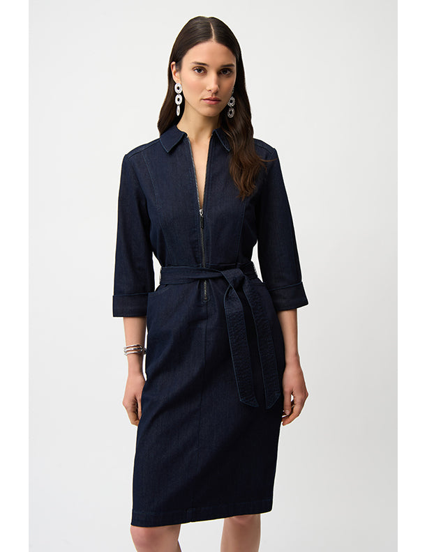 Joseph Ribkoff Denim Dress With Half Zip and Belt