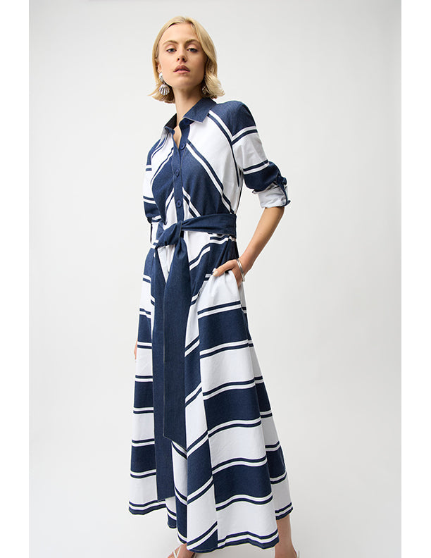 Joseph Ribkoff Cotton Stripe Print Fit and Flare Shirt Dress with Reversible Sash