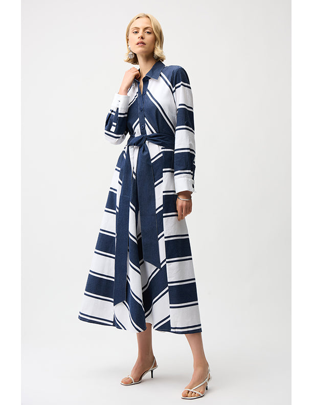 Joseph Ribkoff Cotton Stripe Print Fit and Flare Shirt Dress with Reversible Sash
